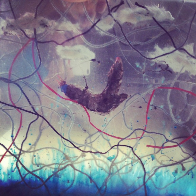 Flight Mixed Media: glass, water color, thread, paper, cotton, acrylic